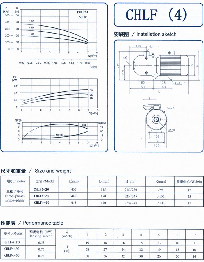 CHLF輕型立式不銹鋼多級離心泵安裝圖、尺寸、性能 CHLF輕型立式不銹鋼多級離心泵安裝圖、尺寸、性能